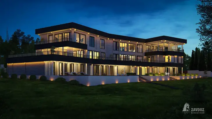 Проект 00002 «Хельсинки» - дом клееный брус . Вид ночной сбоку слева