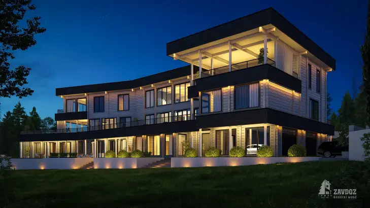 Проект 00002 «Хельсинки» - дом клееный брус . Вид ночной сбоку справа