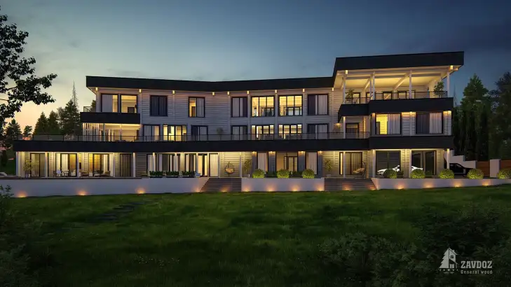 Проект 00002 «Хельсинки» - дом клееный брус . Вид ночной прямо