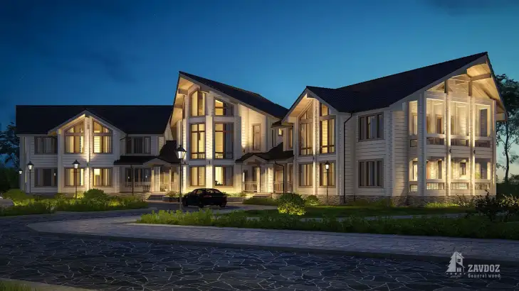 Проект дома из клееного бруса «Стокгольм». Вид ночной сбоку