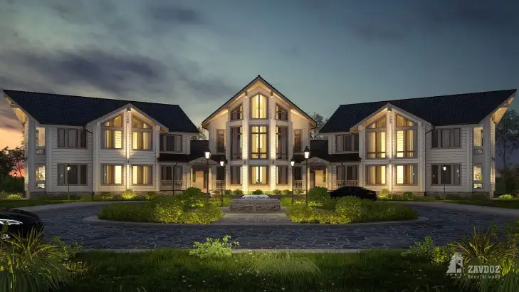 Проект дома из клееного бруса «Стокгольм». Вид ночной прямо