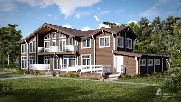 Проект дома клееный брус 16191 «Давос», коричневый. Вид сбоку