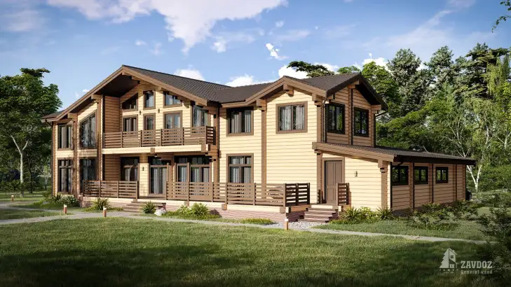 Проект дома клееный брус 16191 «Давос», натуральный. Вид сбоку