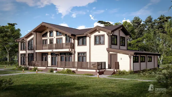 Проект дома клееный брус 16191 «Давос», светлый. Вид сбоку