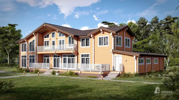 Проект дома клееный брус 16191 «Давос», желтый. Вид сбоку