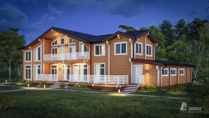 Проект дома клееный брус 16191 «Давос», желтый. Вид ночной