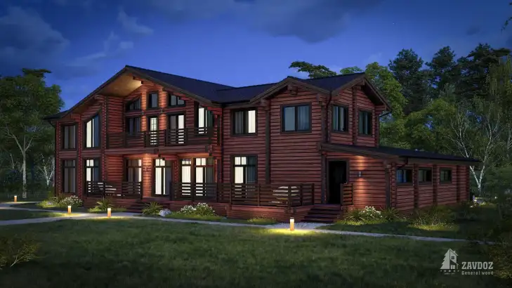 Проект дома клееный брус 16191 «Давос», шоколадный. Вид ночной