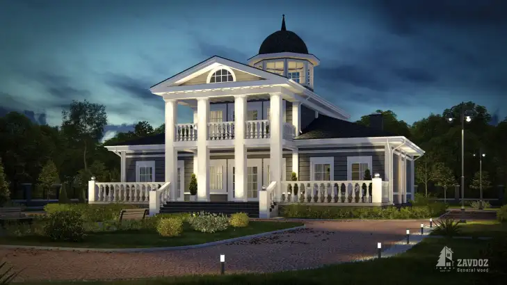 Проект дома из клееного бруса 31885 «Кёнигсберг». Вид ночной сбоку