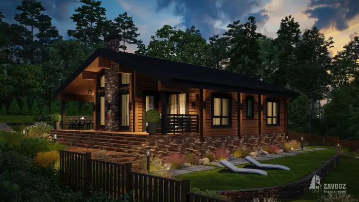 Проект 33125-1 «Танне» - дом клееный брус . Вид ночной сбоку