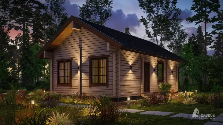 Проект дом из клееного бруса «Альф». Вид ночной справа сбоку