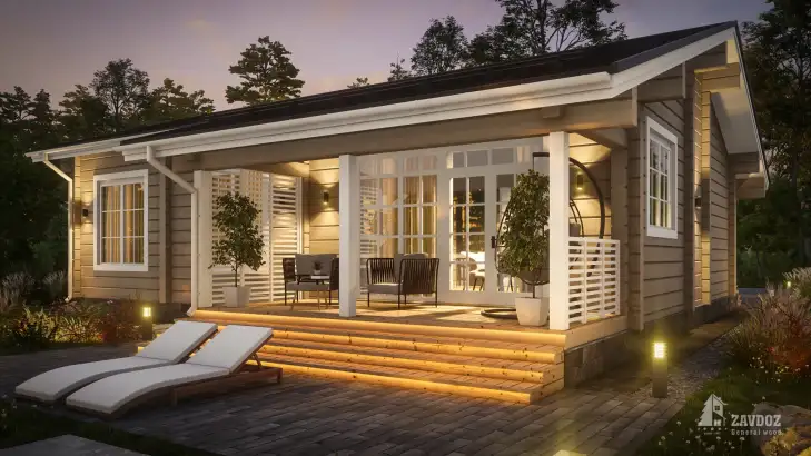 Проект дом из клееного бруса «Норден». Вид ночной вблизи