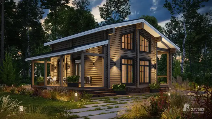 Проект дома из клееного бруса «Биргель». Вид ночной слева