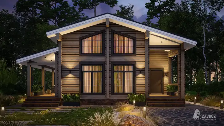 Проект дома из клееного бруса «Биргель». Вид ночной прямо