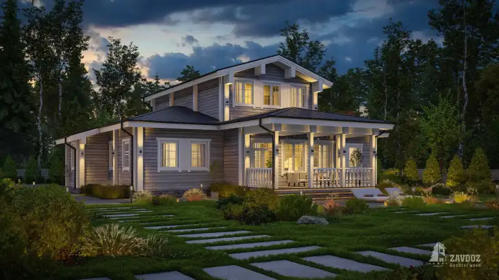 Проект дома из клееного бруса 33509 «Ланц». Вид ночной сбоку