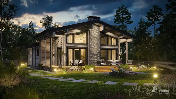 Проект дома из клееного бруса 33579 «Штайн». Вид ночной слева