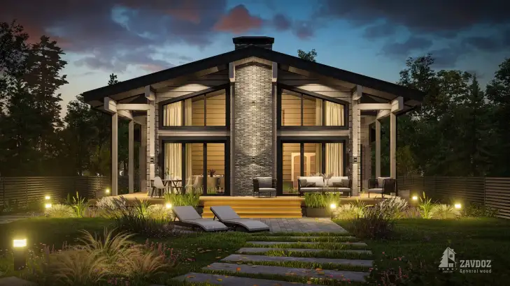 Проект дома из клееного бруса 33579 «Штайн». Вид ночной прямо