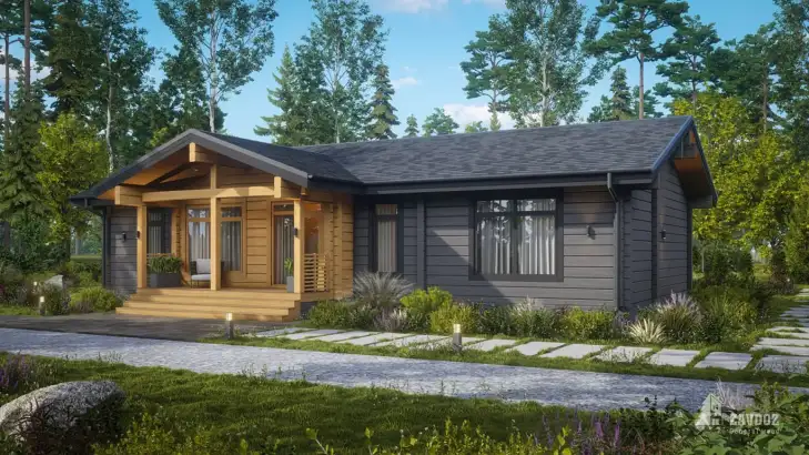 Проект 33587 «Ольштадт» - дом из клееного бруса . Вид сбоку справа