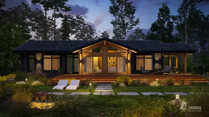 Проект 33587 «Ольштадт» - дом из клееного бруса . Вид ночной прямо