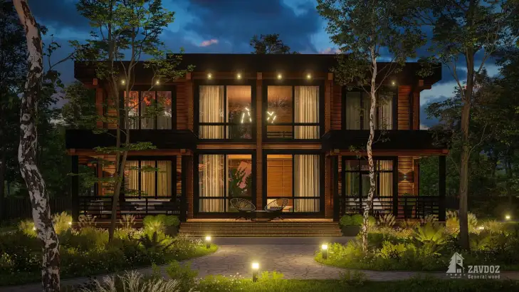 Проект дома клееный брус «Бернау». Вид ночной прямо